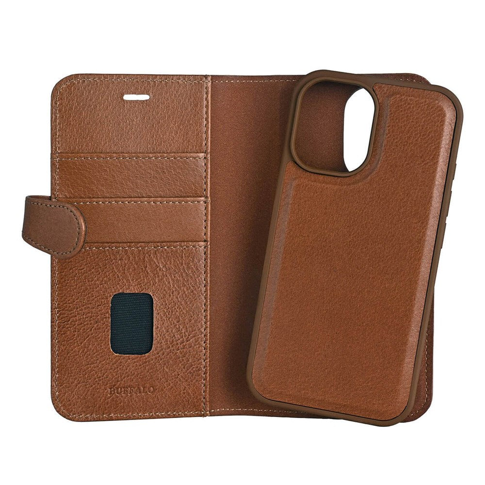 iPhone 16 Buffalo 2-in-1 Wallet Ægte Læder Magnet Flip Cover m. Pung - MagSafe Kompatibel - Brun