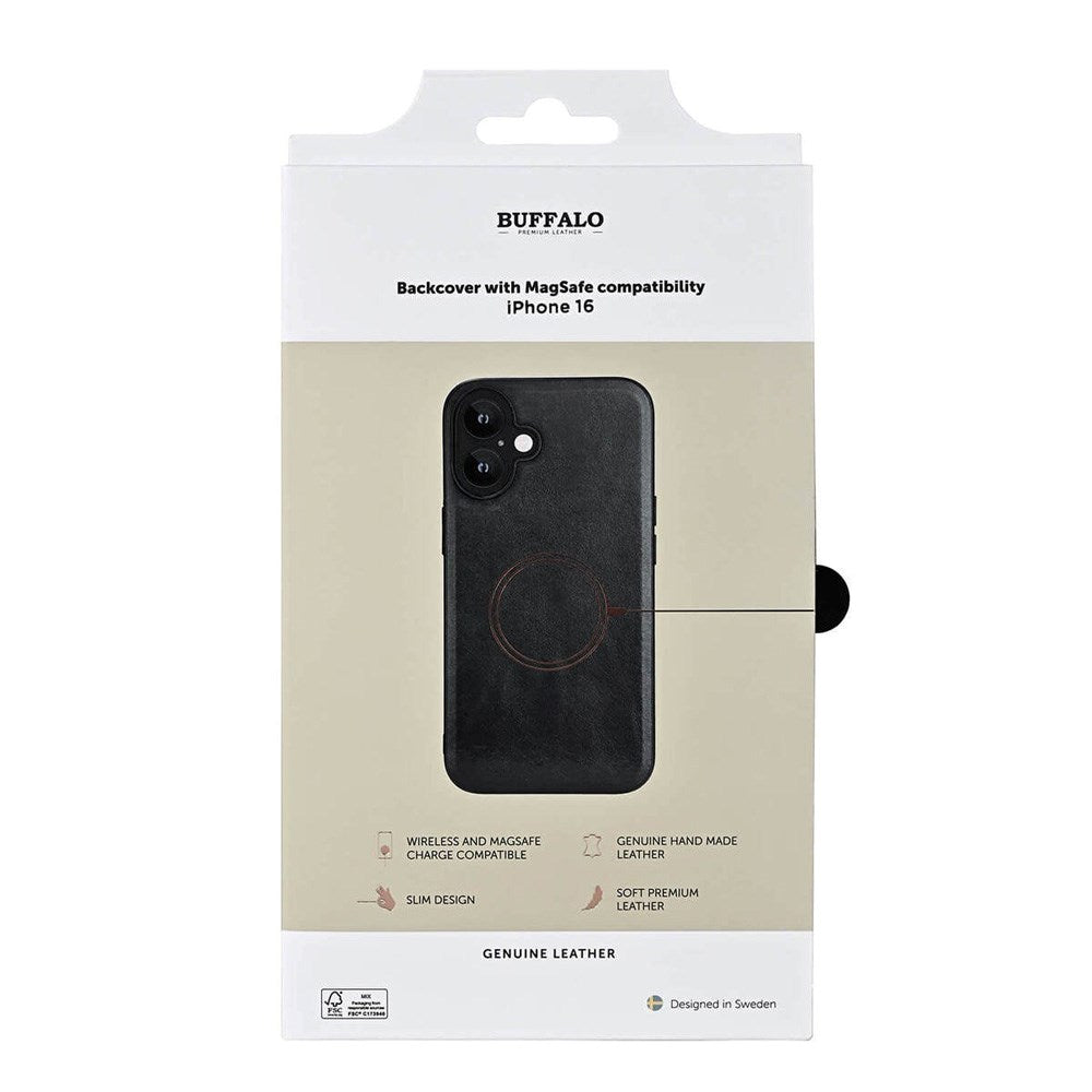 iPhone 16 GEAR Buffalo ekte skinn bakdeksel - MagSafe-kompatibel - Svart