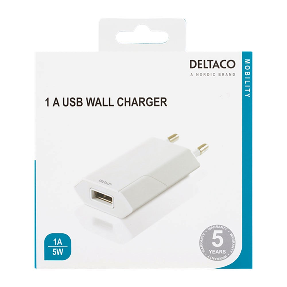 Deltaco 5V/1A 5W Vegglader m. USB-A - Hvit