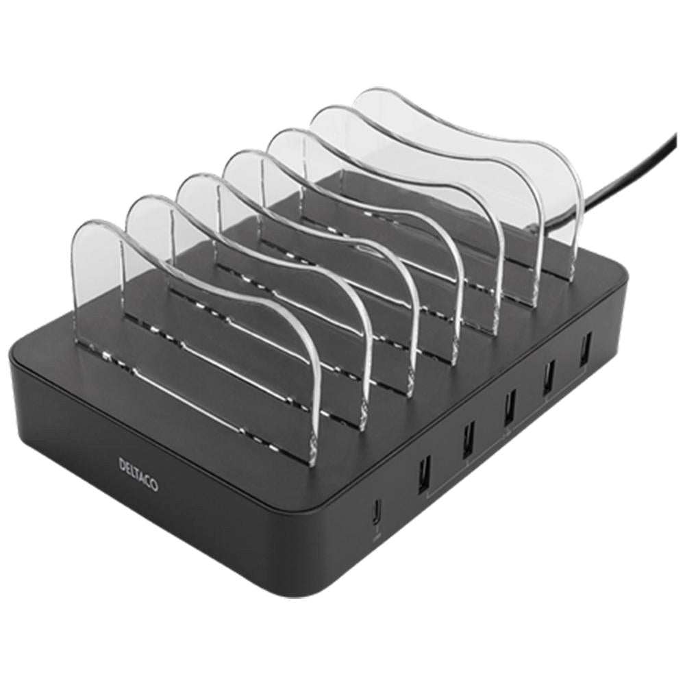 Deltaco 6 Port 50W Ladestasjon m. 5 x USB-A / 1 x USB-C-port - Svart