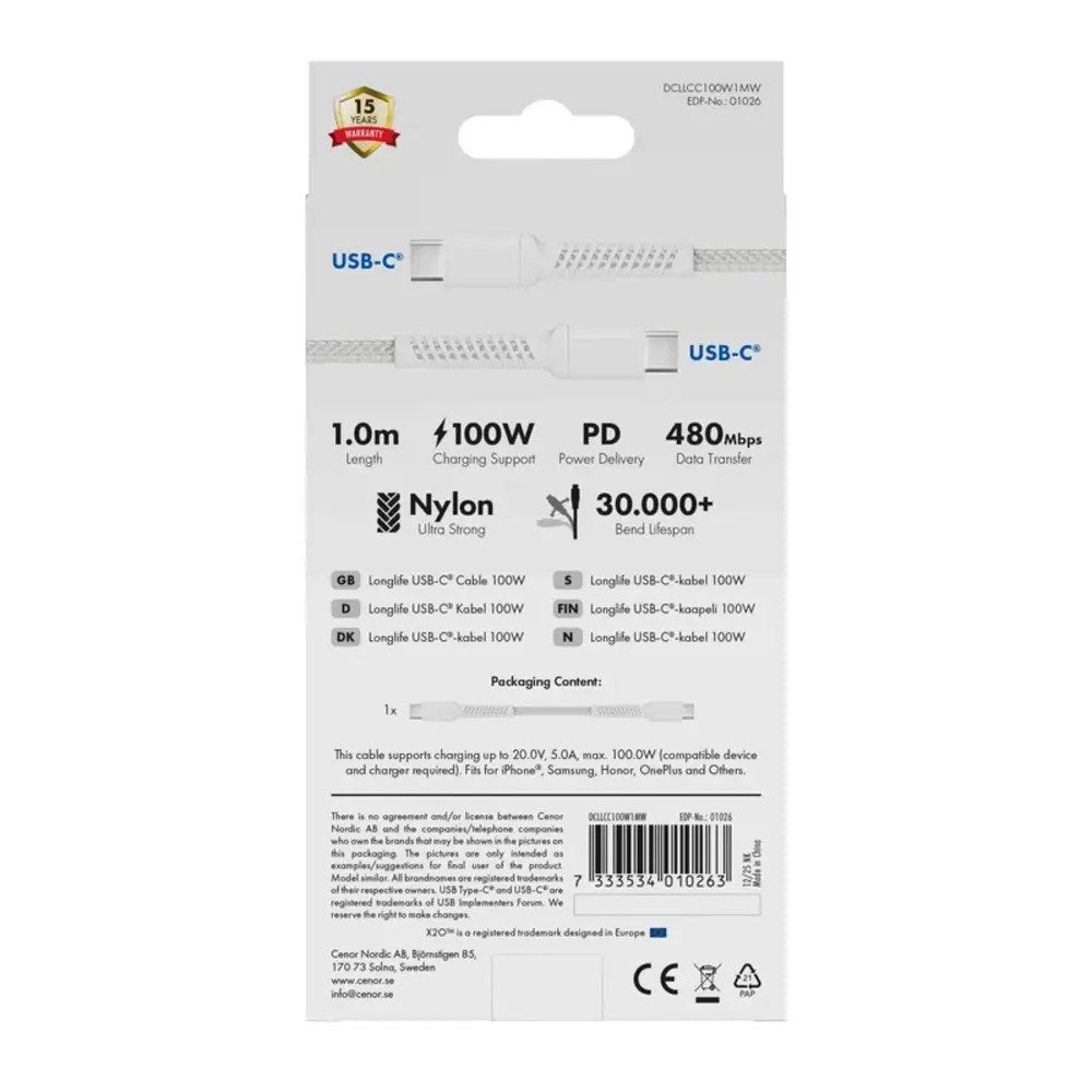 X2O Longlife USB-C til USB-C Kabel - 1m / 100W - Hvid