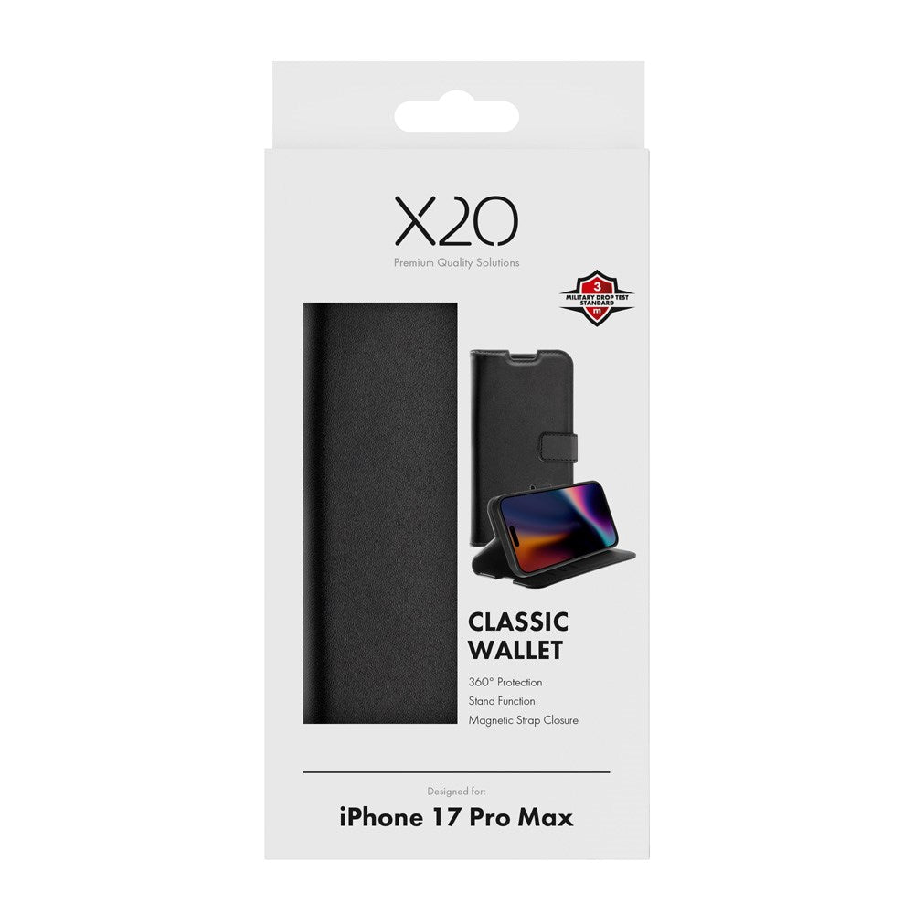 iPhone 17 Pro Max X2O Classic Wallet Flip Case m. Pung & Ståfunktion - Sort