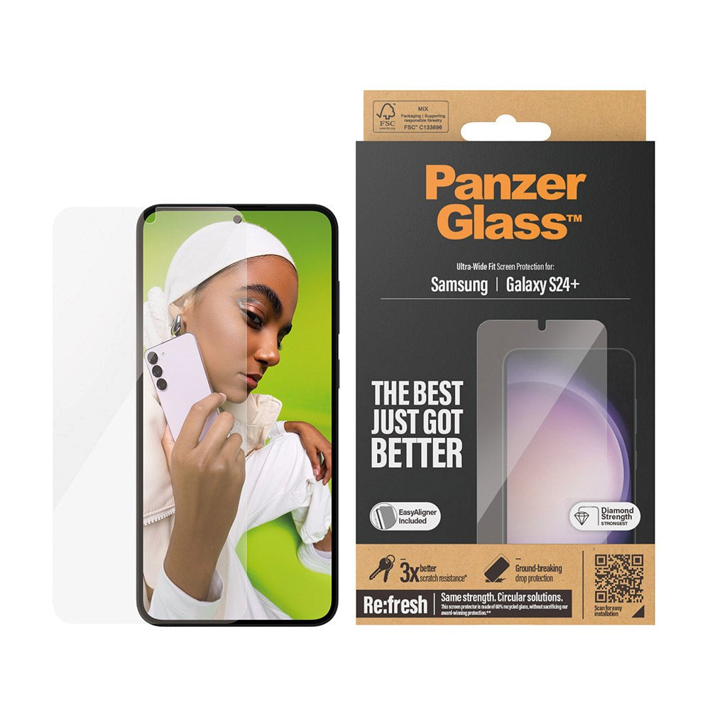 Samsung Galaxy S24+ (Plus) PanzerGlass Ultra Wide Fit Re:fresh Beskyttende glass m. EasyAligner - Diamantstyrke - Gjennomsiktig