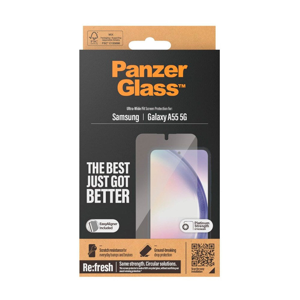 Samsung Galaxy A55 (5G) PanzerGlass Ultra Wide Fit Re:fresh Beskyttende glass m. EasyAligner - Platinum Strength - Gjennomsiktig
