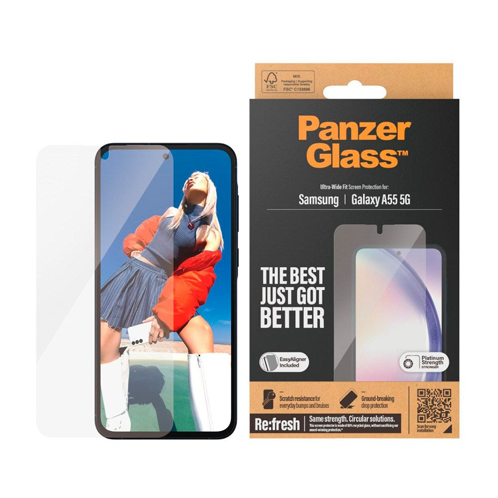 Samsung Galaxy A55 (5G) PanzerGlass Ultra Wide Fit Re:fresh Beskyttende glass m. EasyAligner - Platinum Strength - Gjennomsiktig