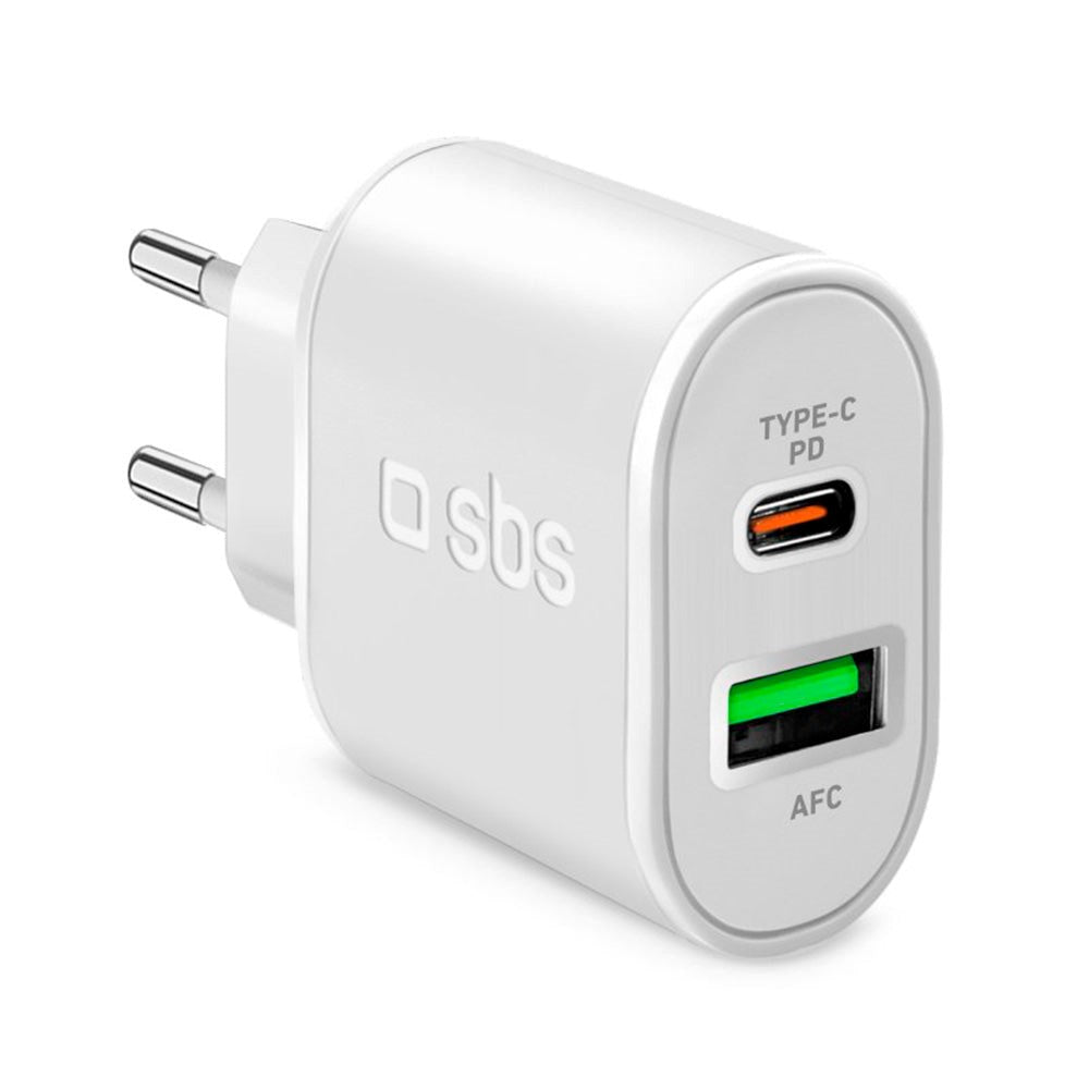 SBS 20W hurtigvegglader m. USB-C PD & USB-A AFC - Hvit