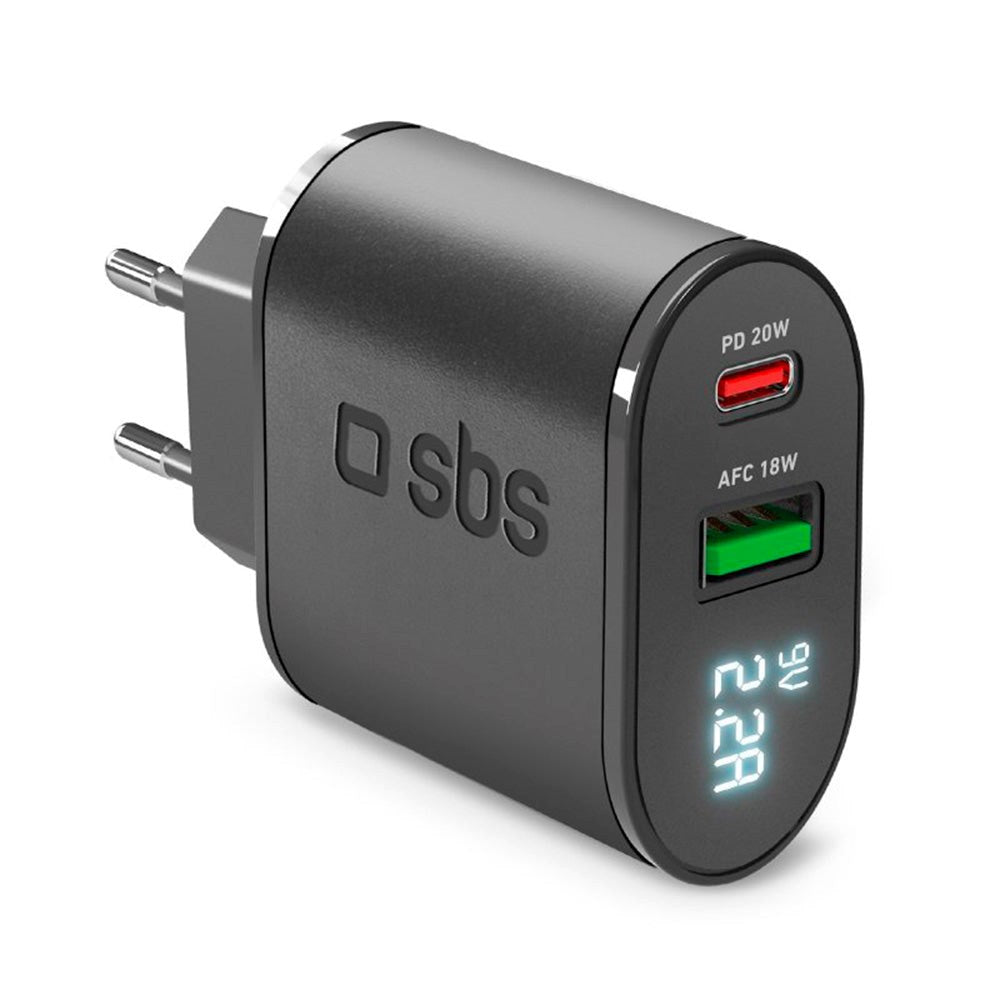 SBS 20W LCD-skjerm vegglader m. USB-C PD & USB-A AFC - Svart