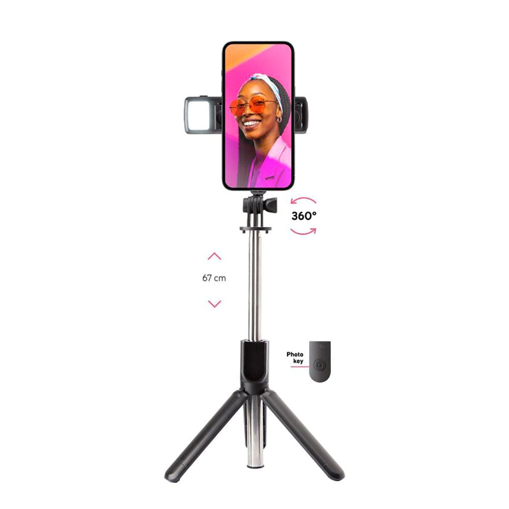 SBS Universal Selfie Stick m. Innebygd LED & Tripod - Max Mobile: 60 - 90mm - Sort