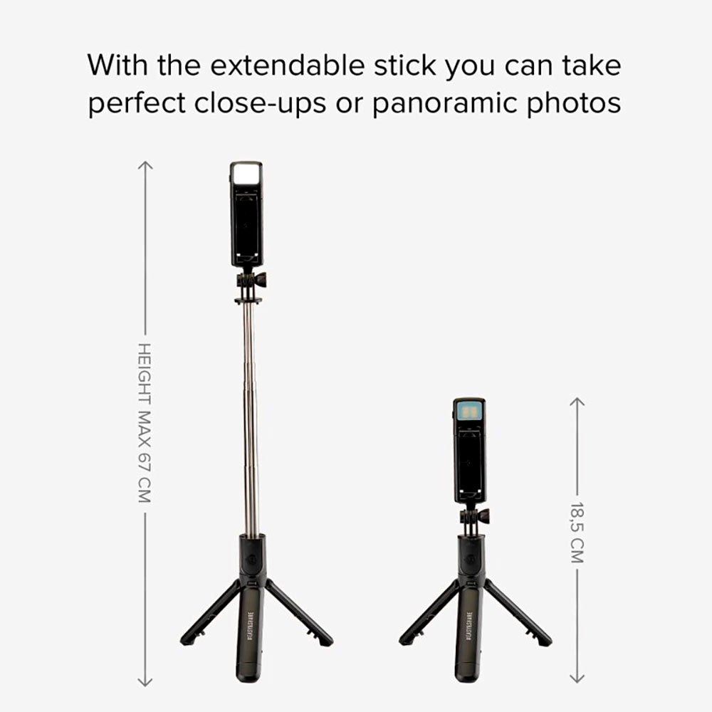 SBS Universal Selfie Stick m. Innebygd LED & Tripod - Max Mobile: 60 - 90mm - Sort