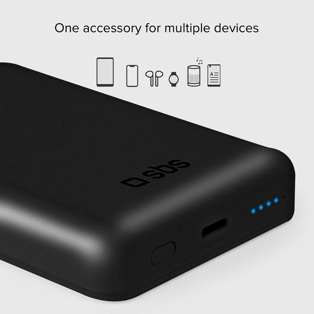 SBS Mag 5000 mAh PowerBank m. USB-C og trådløs lading - Svart