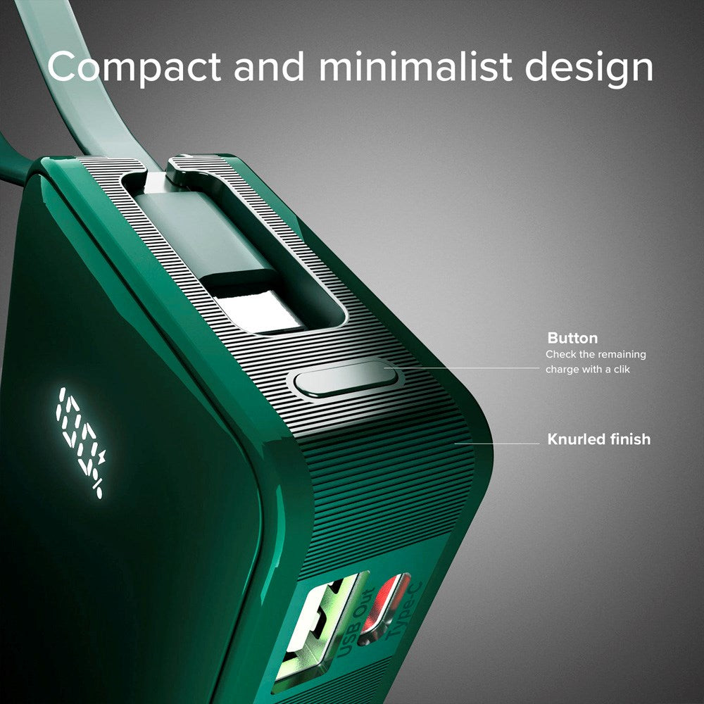 20W LCD PowerBank m. 1x USB-A & 1x USB-C - SBS - 10.000 mAh - Indbygget USB-C Kabel - Grøn