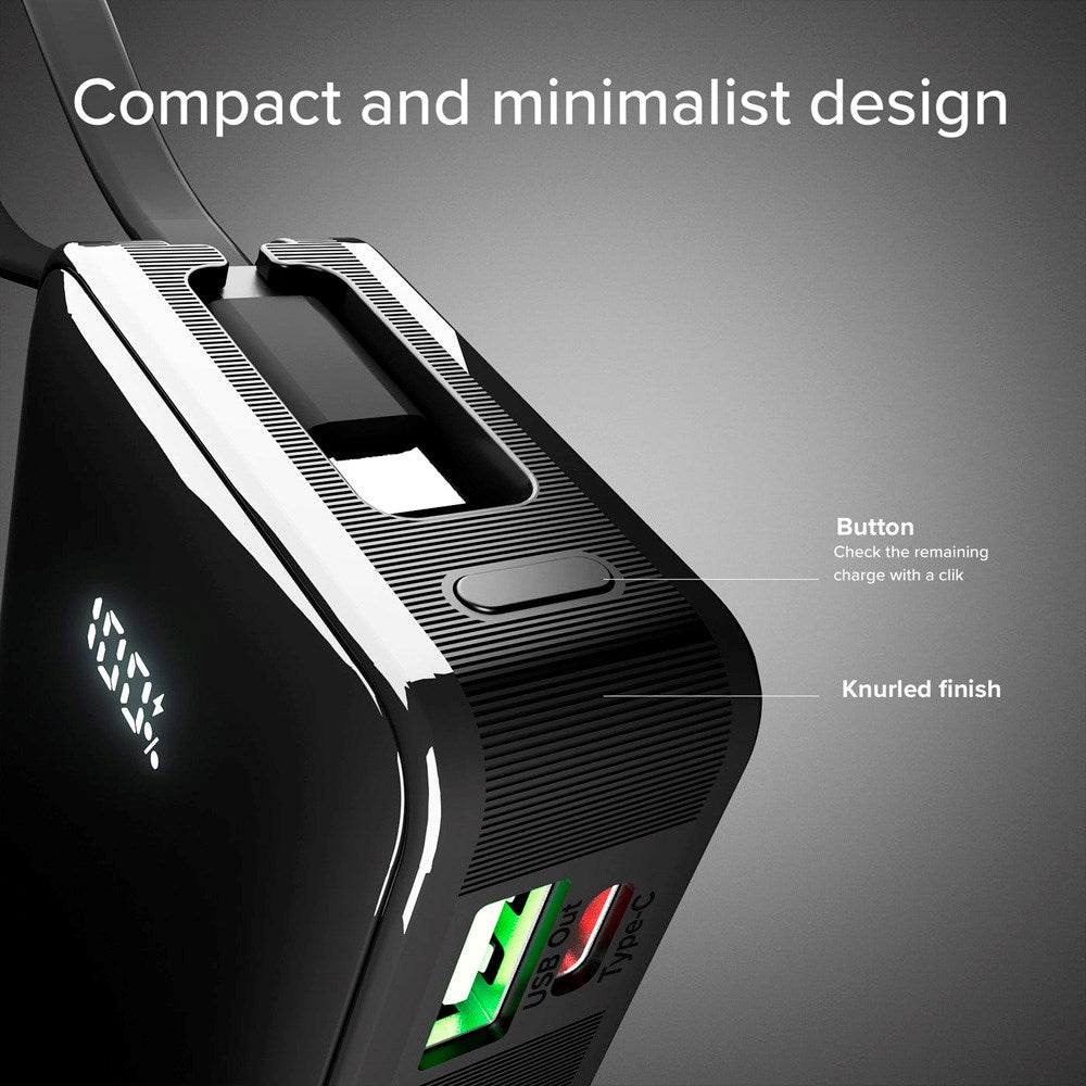 20W LCD PowerBank m. 1x USB-A & 1x USB-C - SBS - 10.000 mAh - Indbygget USB-C Kabel - Sort