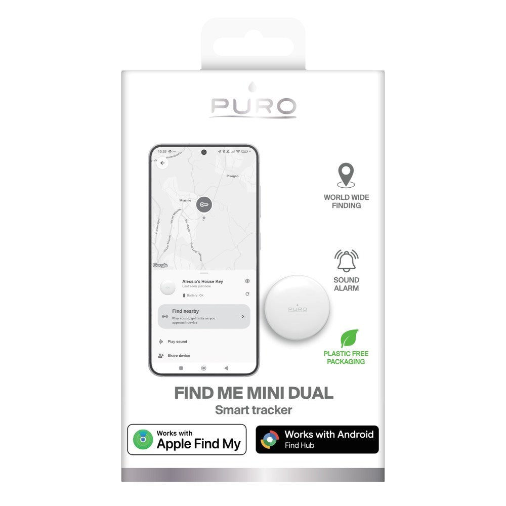 Puro Find Me Mini Dual GPS Tracker - Apple Find My & Android Find Hub - Hvid