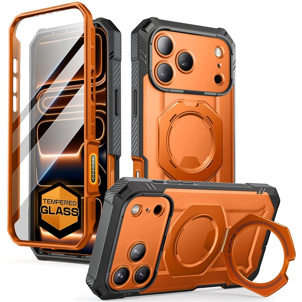SUPCASE UB GRIB PRO MAG iPhone 17 Pro Max Mobil Cover inkl. Skærmbeskyttelse - MagSafe Kompatibel - Gennemsigtig / Orange