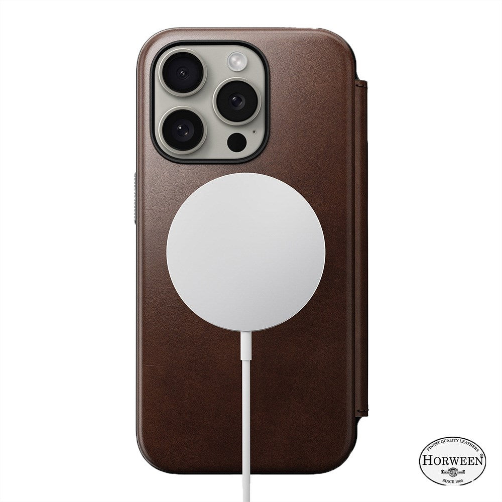 iPhone 15 Pro Nomad Modern Horween Leather Folio Cover - MagSafe-kompatibel - Brun