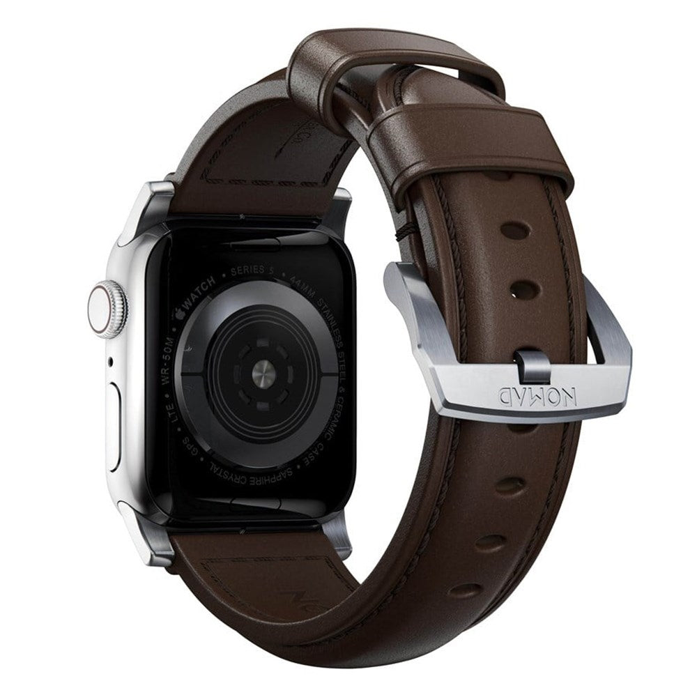 Nomad Apple Watch (42/44/SE/45/46/49 mm) Tradisjonell Horween-båndstropp – rustikk brun/sølv maskinvare