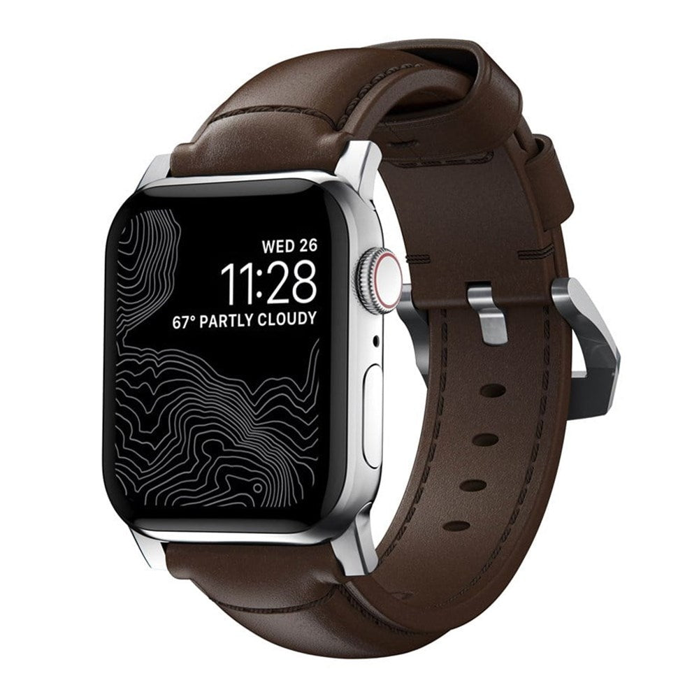 Nomad Apple Watch (42/44/SE/45/46/49 mm) Tradisjonell Horween-båndstropp – rustikk brun/sølv maskinvare