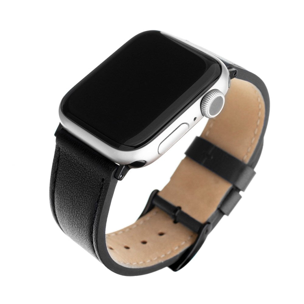 Fast Apple Watch (42/44/SE/45/46/49 mm) ekte lærreim - svart