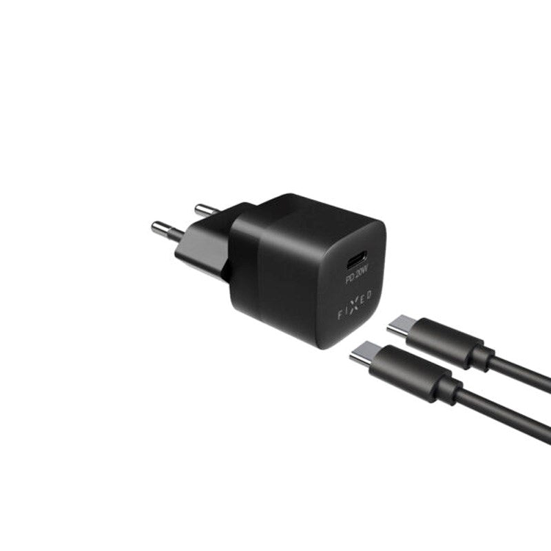 Fixed - Mini Vægoplader m. 1x USB-C / 1x USB-C Kabel - 20W - 1m - Sort
