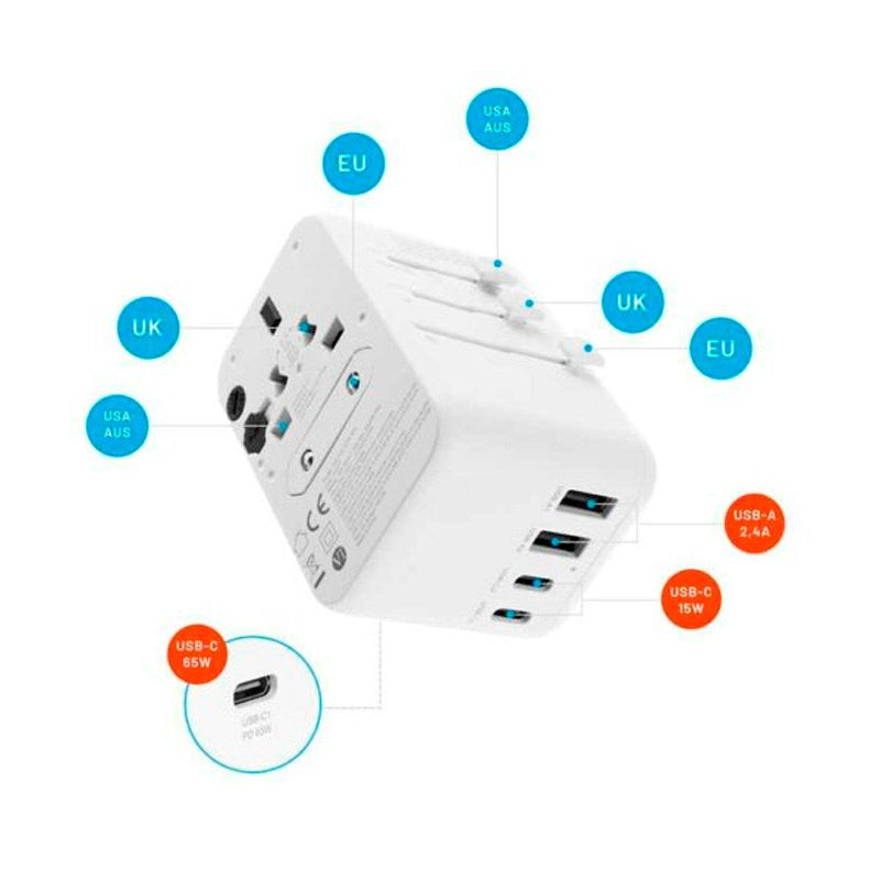 Fixed - Universal Rejse Adapter - 65W - EU / UK / USA / AUS - Hvid