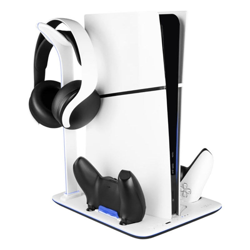 PS5 Slim Stativ m. Kjøling / 1 x USB-C og 1 x USB-A / 2 x PS5-kontroller ladespor - svart / hvit