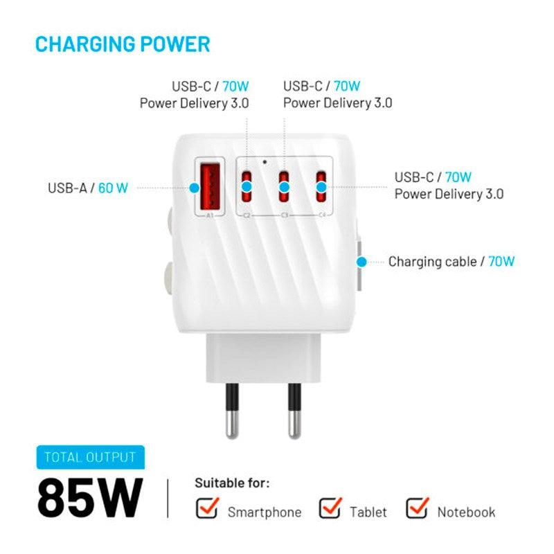 Fixed - Universal Rejse Adapter - 85W - EU / UK / USA / AUS - Hvid