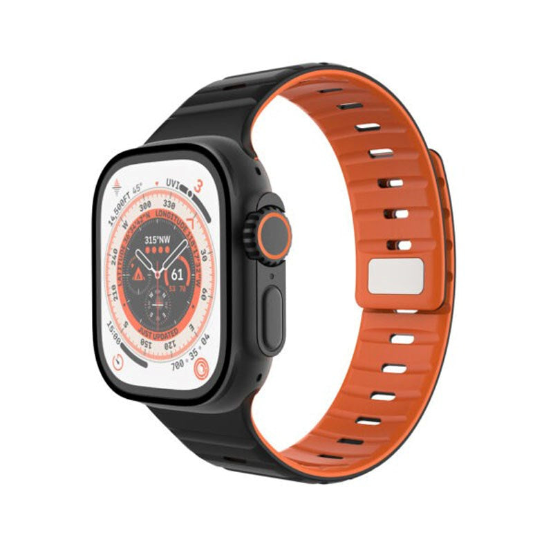 Apple Watch (42/44/SE/45/46/49mm) Fixed Silikone Urrem med Magnetisk Lukning - Sort / Orange
