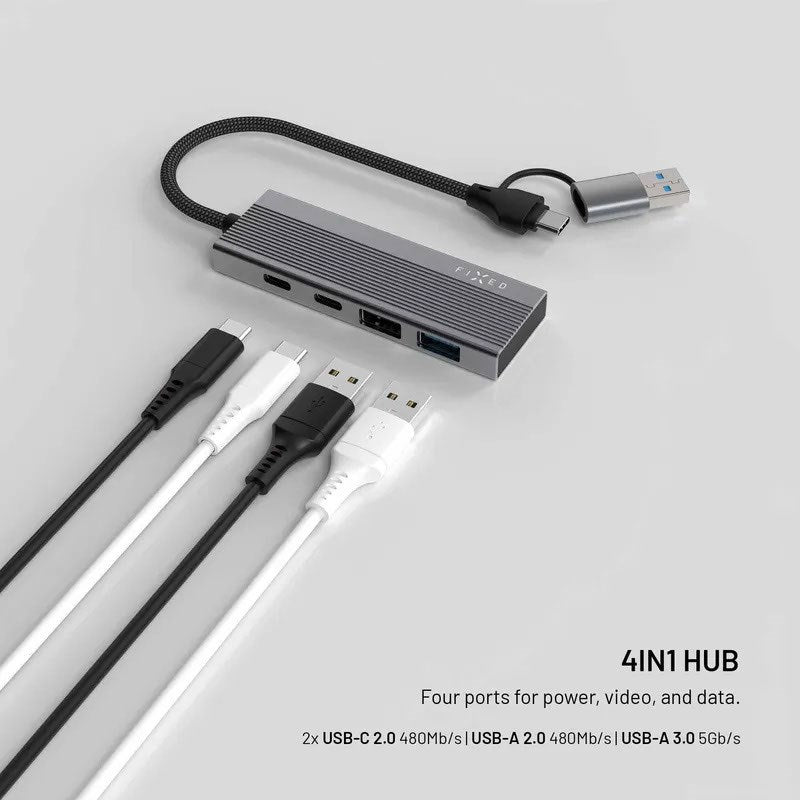 Fixed 4-in-1 USB-C Multiport Hub - 2 x USB-A - 2 x USB-C - Sølv