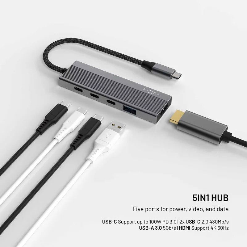 Fixed 5-in-1 USB-C Multiport Hub - 3 x USB-C - 1 x USB-A - 1 x HDMI - Sølv