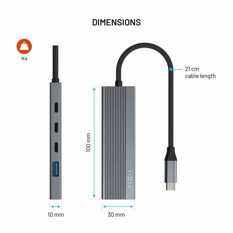 Fixed 5-in-1 USB-C Multiport Hub - 3 x USB-C - 1 x USB-A - 1 x HDMI - Sølv