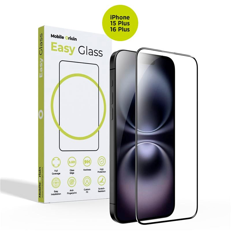 iPhone 15 Plus / 16 Plus Mobile Origin EasyGlass Skjermbeskytter - Gjennomsiktig / Black Edge