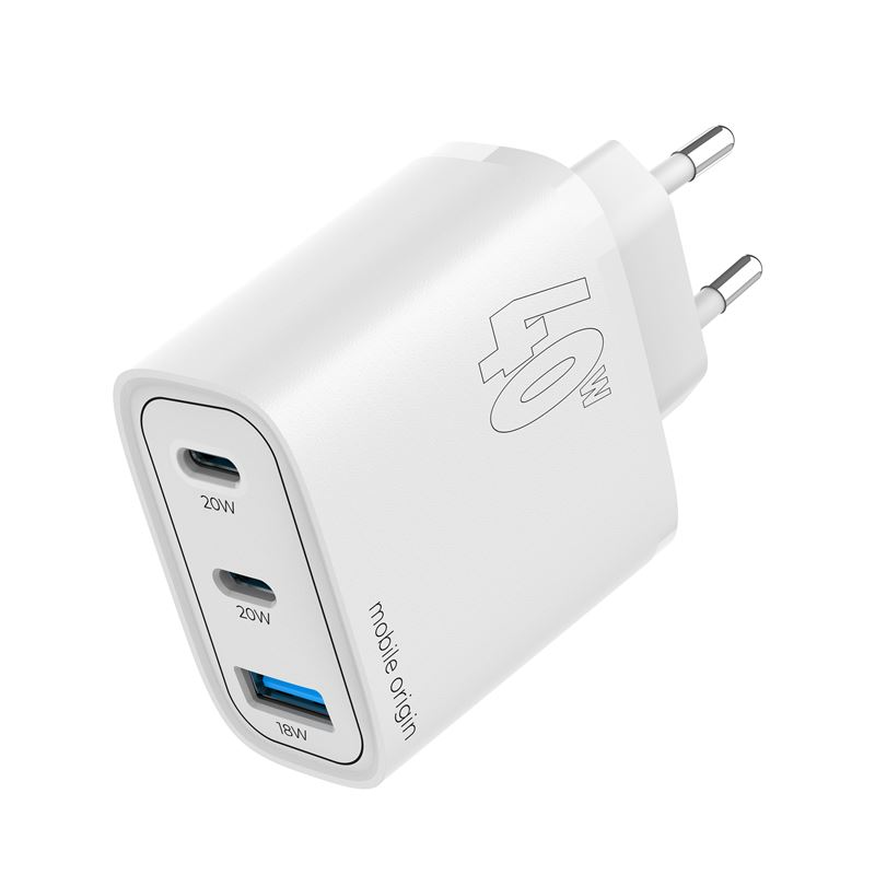 Mobil Origin GaN 40W Vegglader USB-A + 2 USB-C - Hvit