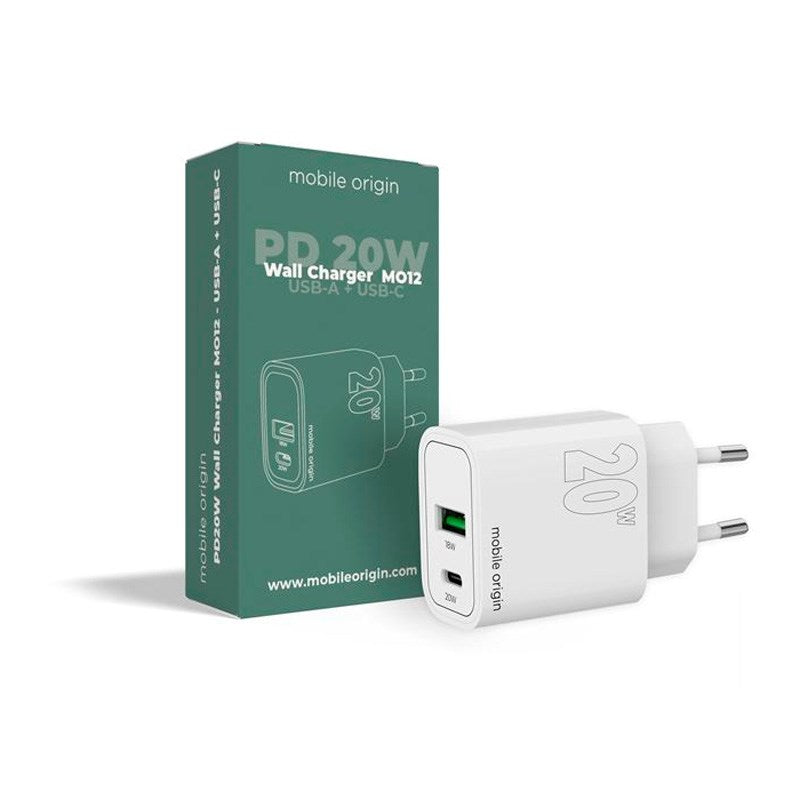 Mobile Origin - MO12 20W Vægoplader m. 1x USB-A & 1x USB-C - Hvid