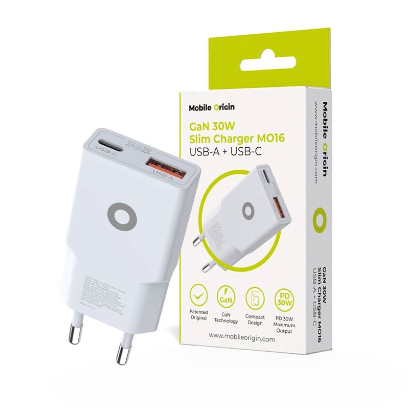 Mobile Origin - MO16 30W Slim Vægoplader m. 1x USB-C & 1x USB-A - Hvid