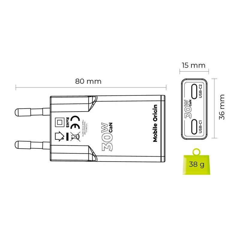 Mobile Origin - MO18 30W Slim Vægoplader m. 2x USB-C - Hvid