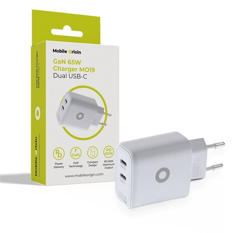 Mobile Origin GaN Vægoplader - 65W - 2 x USB-C - Hvid