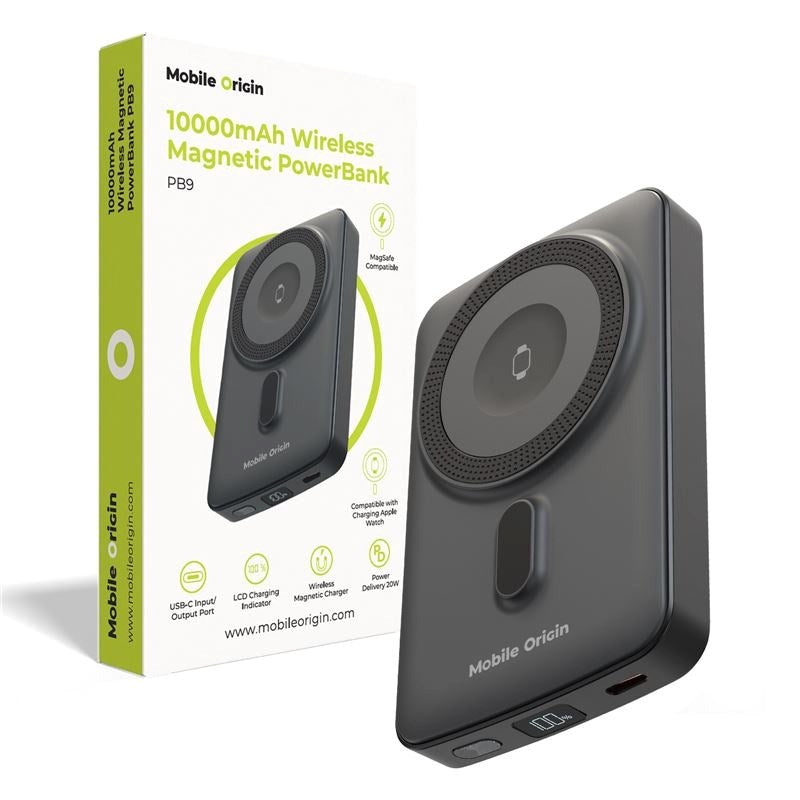 Mobile Origin Powerbank til Smartphone / Apple Watch - 20W - 10.000mAh - LCD-Display - USB-C Stik - Grå