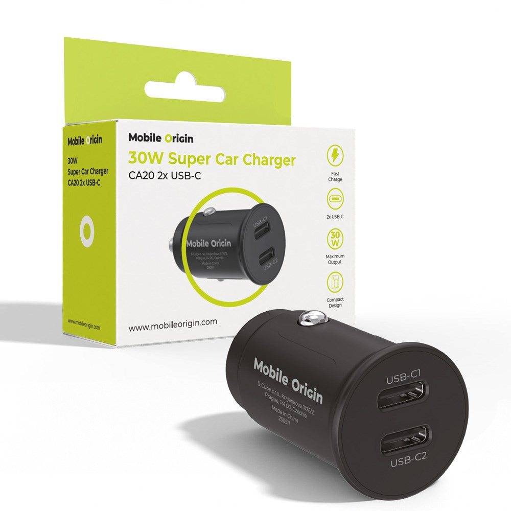 Mobile Origin - Biloplader m. 2 x USB-C - 30W - Sort