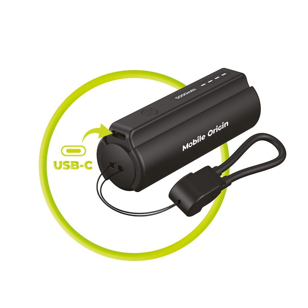 Mobile Origin Kompakt PowerBank - Lommelygte & USB-C Kabel - 5000 mAh - Sort
