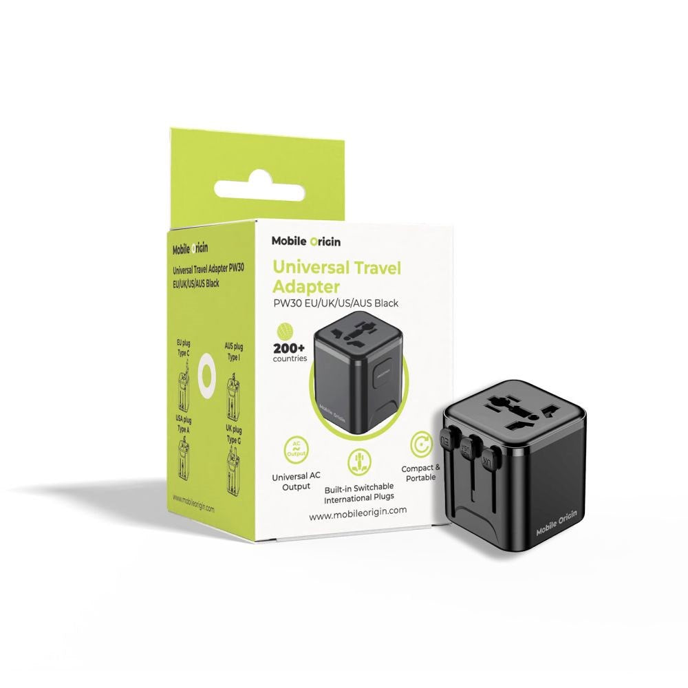 Mobile Origin 30W Universal Vægoplader m. Rejseadapter EU/UK/US/AUS - Sort