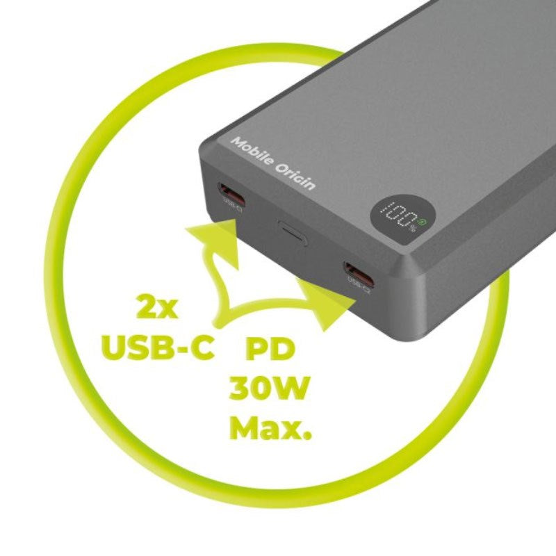 Mobile Origin 20.000mAh Powerbank - 30W - USB-C - Trådløs Opladning - MagSafe Kompatibel - Grå