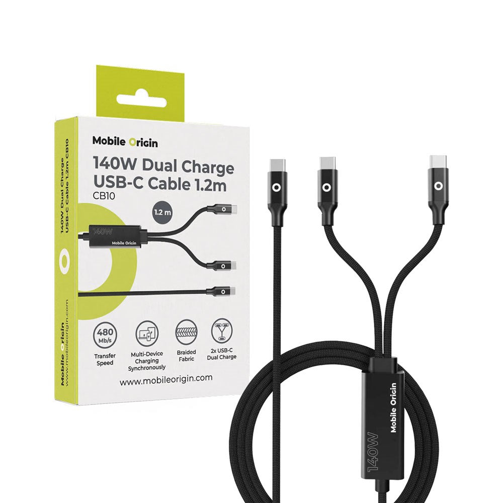 Mobile Origin CB10 Dobbelt Y-Formet USB-C til USB-C Kabel - 1.2m / 140W - Sort