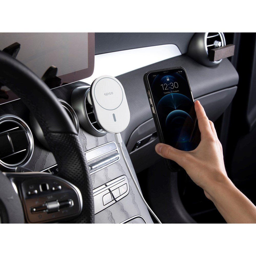 Epico Magnetisk Mobilholder til Bil m. 15W Trådløs Opladning & 18W Biloplader - MagSafe Kompatibel - Hvid