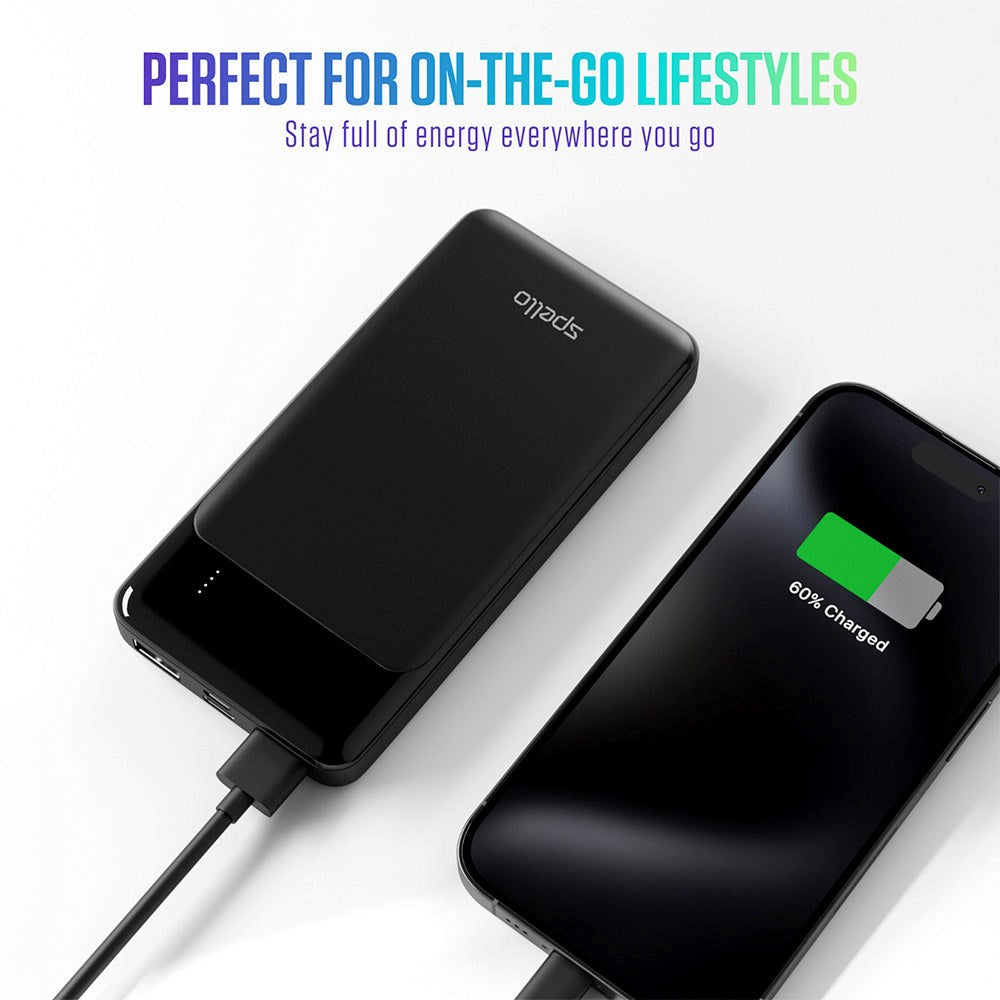 Spello Thin 10W Powerbank m. 2 x USB-A og 1 x USB-C - 10 000 mAh - Svart