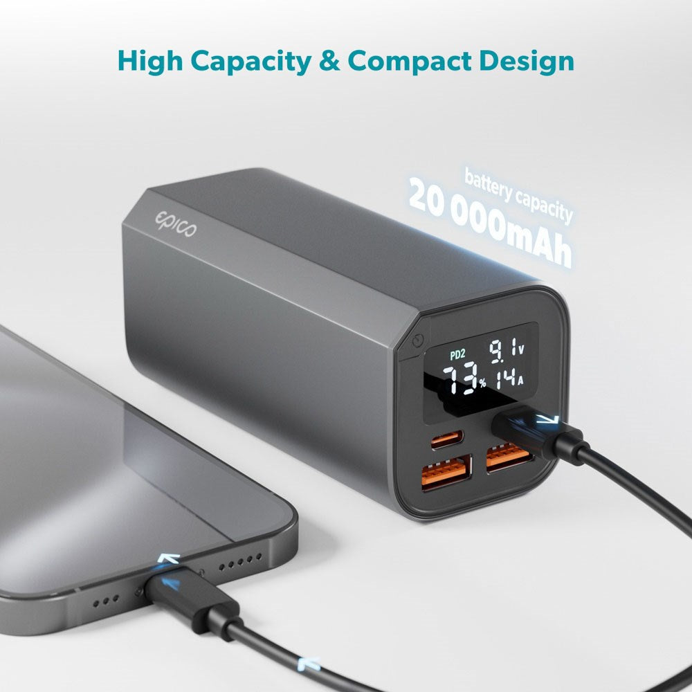 Epico Aluminium Powerbank m. 100W - 20.000 mAh - 2 x USB-A - 2 x USB-C - Grå