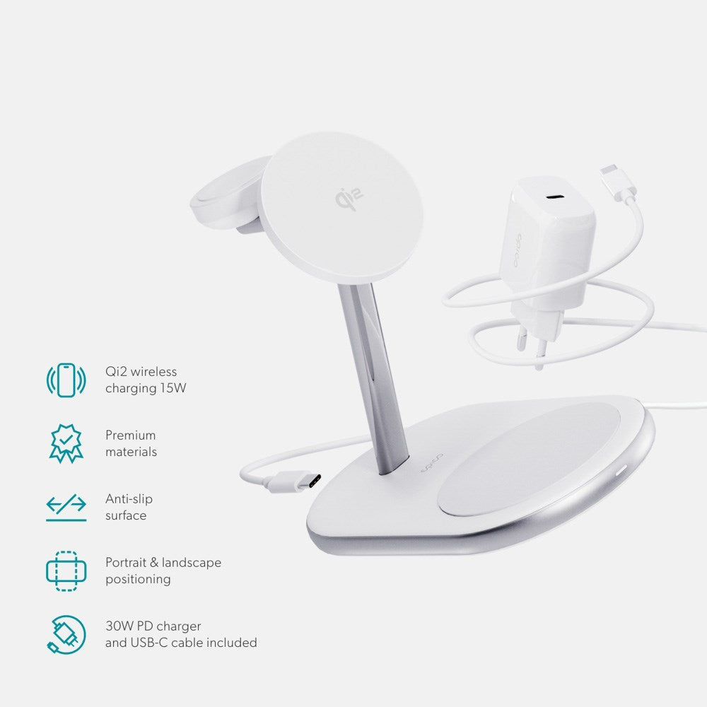 3-i-1 Mag+ trådløs lader - Epico UltraBase EX60 Qi2 - MagSafe-kompatibel - Hvit