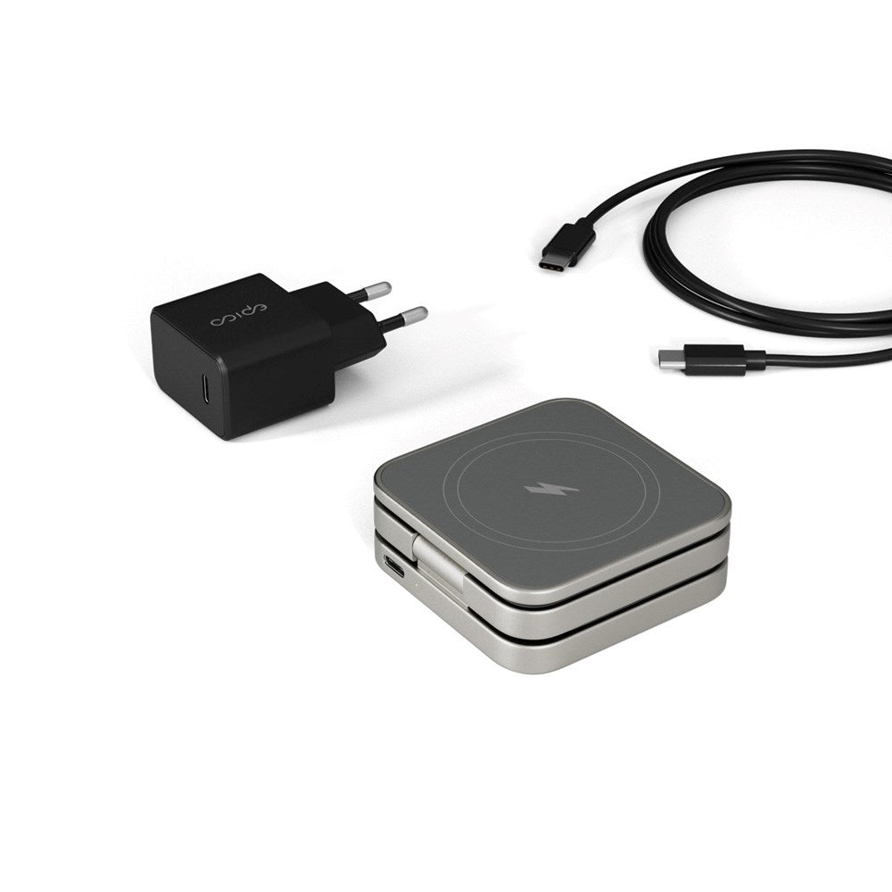 Epico sammenleggbar 15W 3-i-1 magnetisk lader - Mobil / AirPods / Apple Watch - Sølv