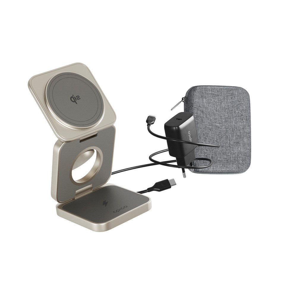 3-i-1 trådløs lader - Epico UltraBase Qi2 Fold Alu Mag+ - MagSafe-kompatibel - Titanium