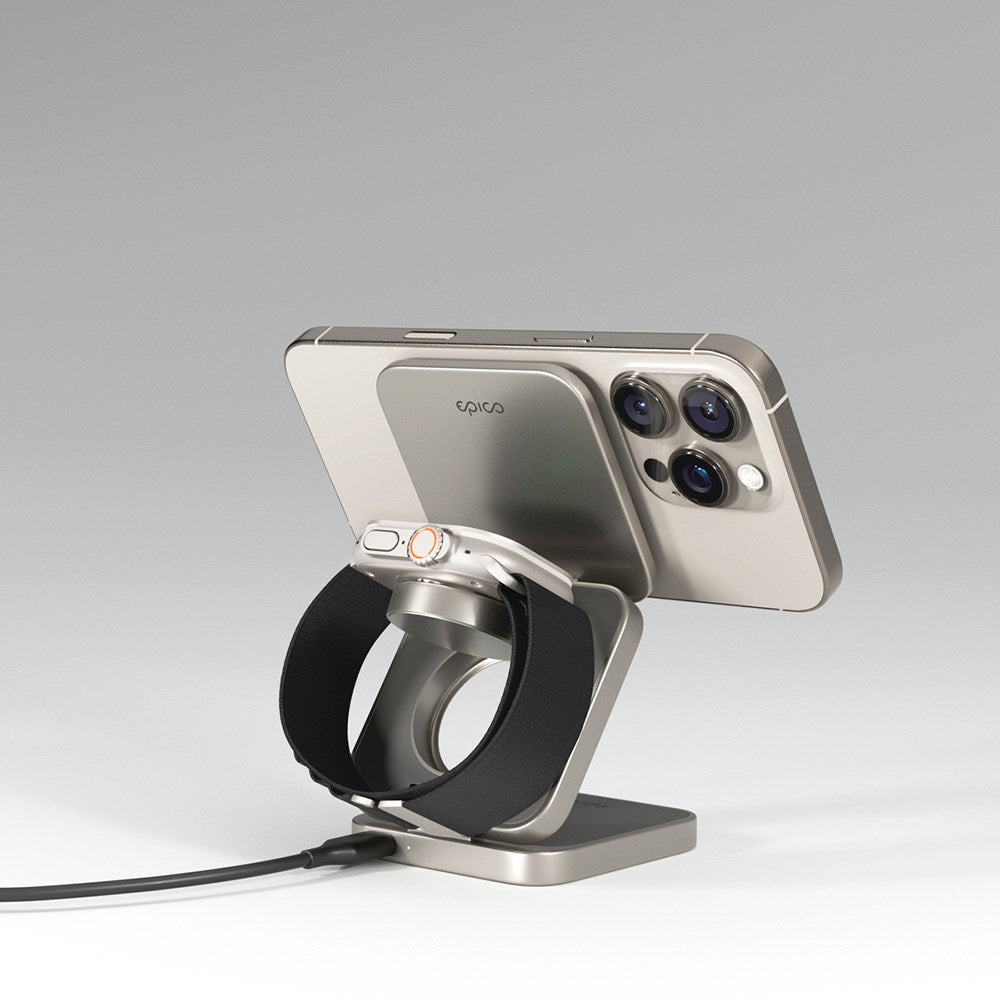3-i-1 trådløs lader - Epico UltraBase Qi2 Fold Alu Mag+ - MagSafe-kompatibel - Titanium
