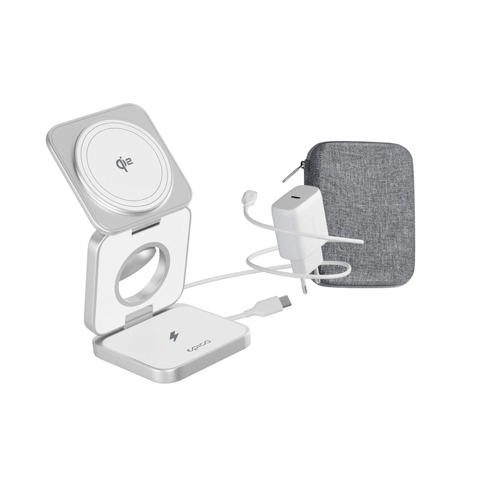 3-i-1 trådløs lader - Epico UltraBase Qi2 Fold Alu Mag+ - MagSafe-kompatibel - Hvit
